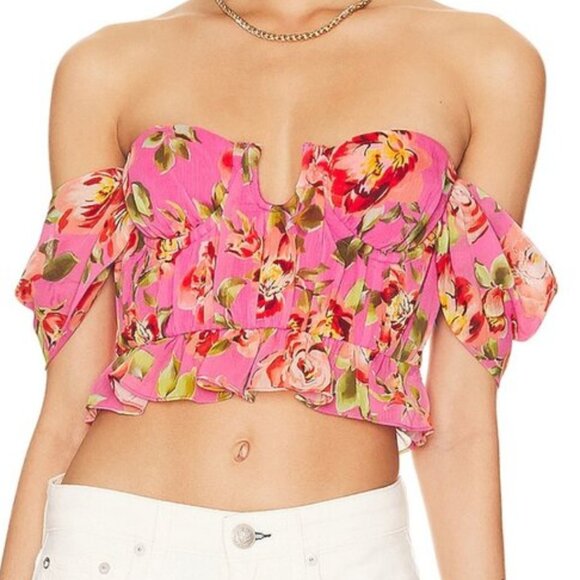 Majorelle Short Floral Pink Off Shoulder Sleeve Stylish Blouse Paloma S - Picture 1 of 5